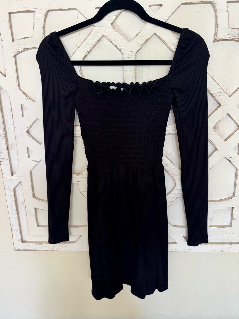 Reformation Jagger Smocked Square-Neck Long Sleeve Mini Dress - Black - Picture 3 of 7